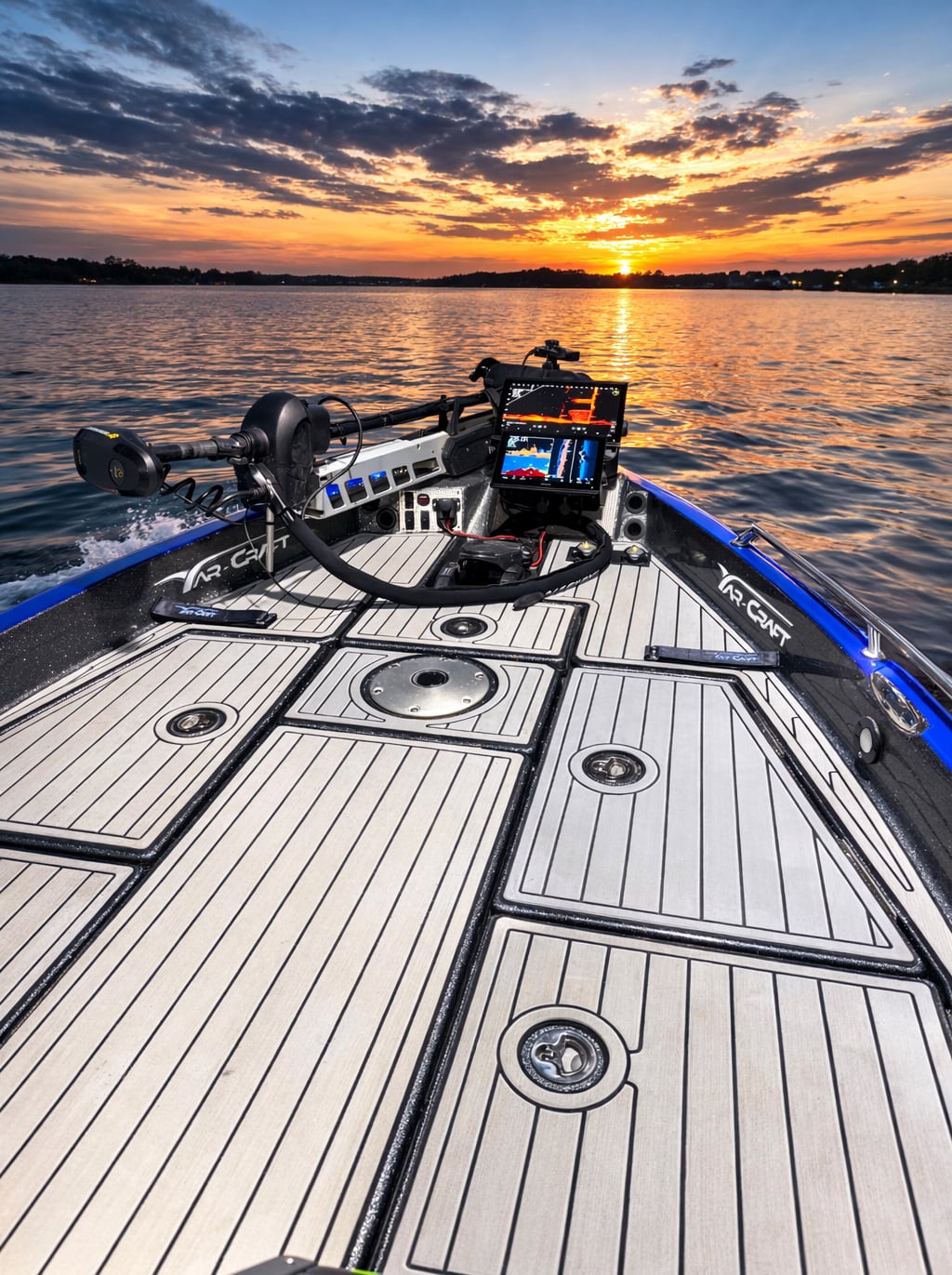 BlueWater rigged fishing boat with marine electronics at sunset