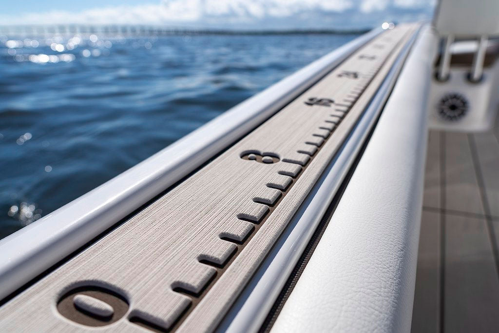 Custom SeaDek measuring ruler installed along a boat gunwale on the water