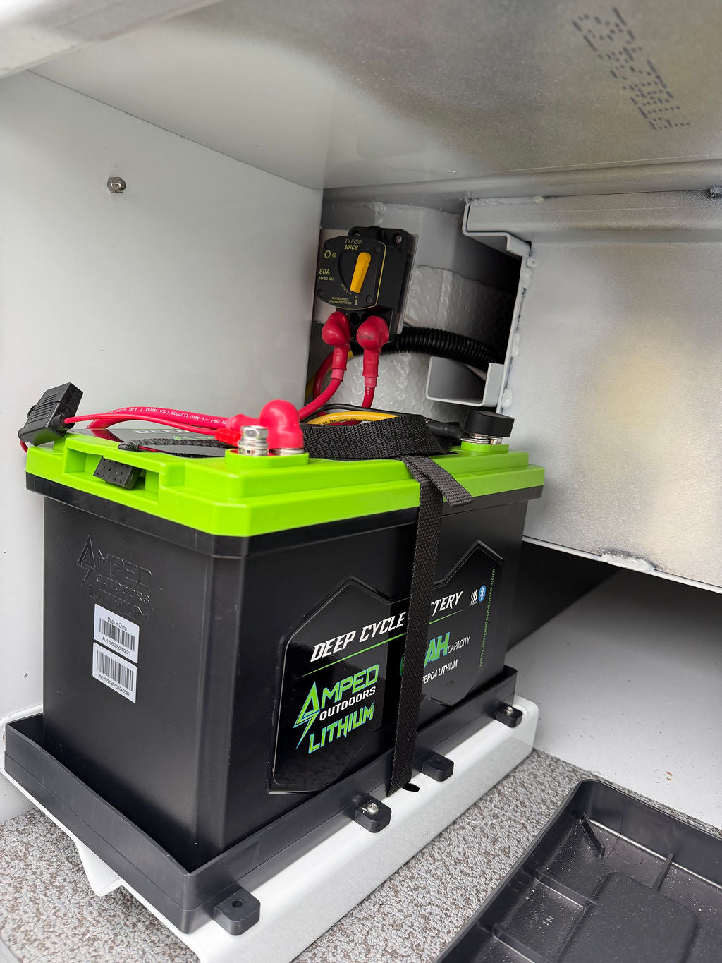 Amped Outdoors lithium battery and protected marine charging connections
