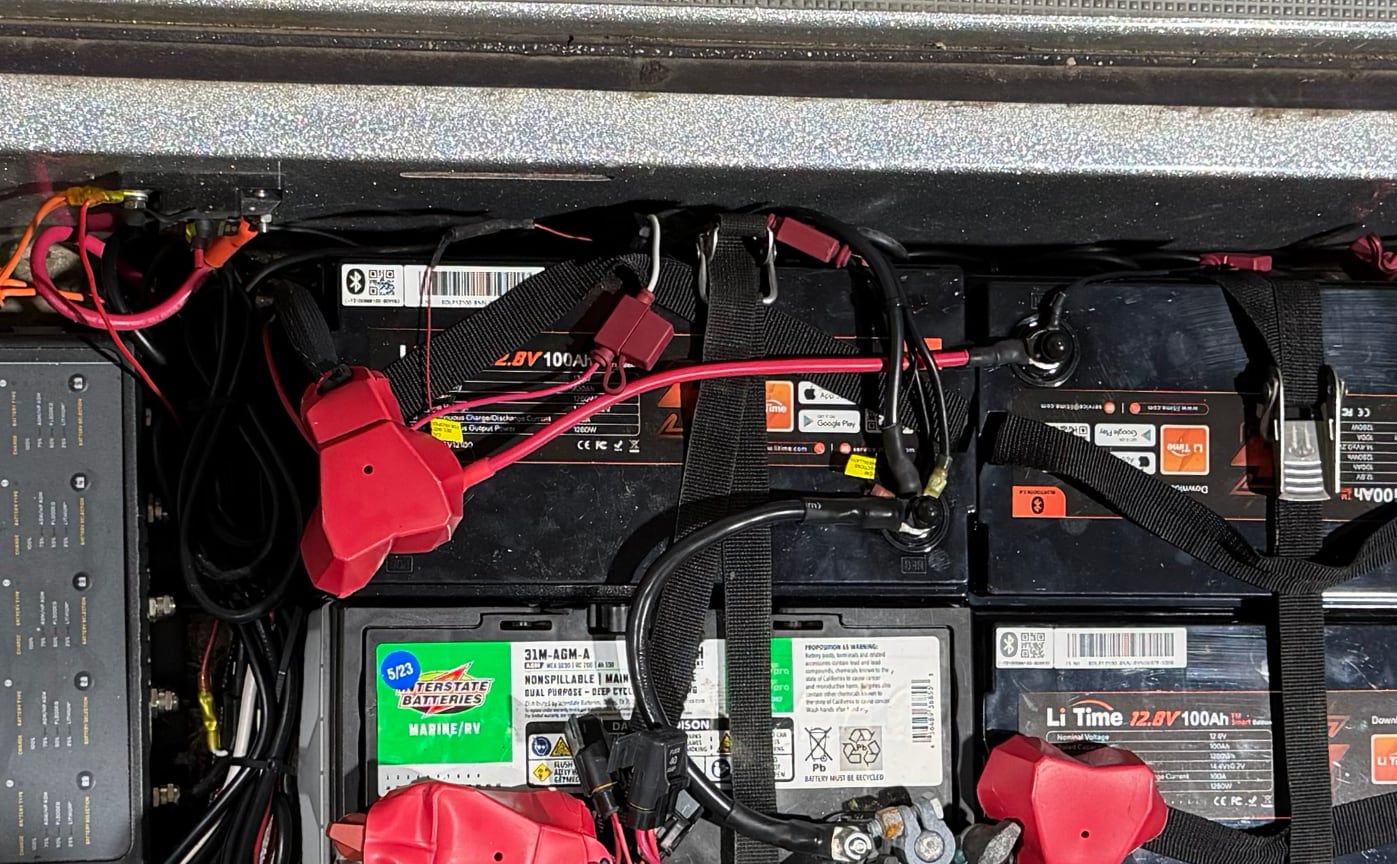 Finished marine battery bank with secured wiring and circuit protection