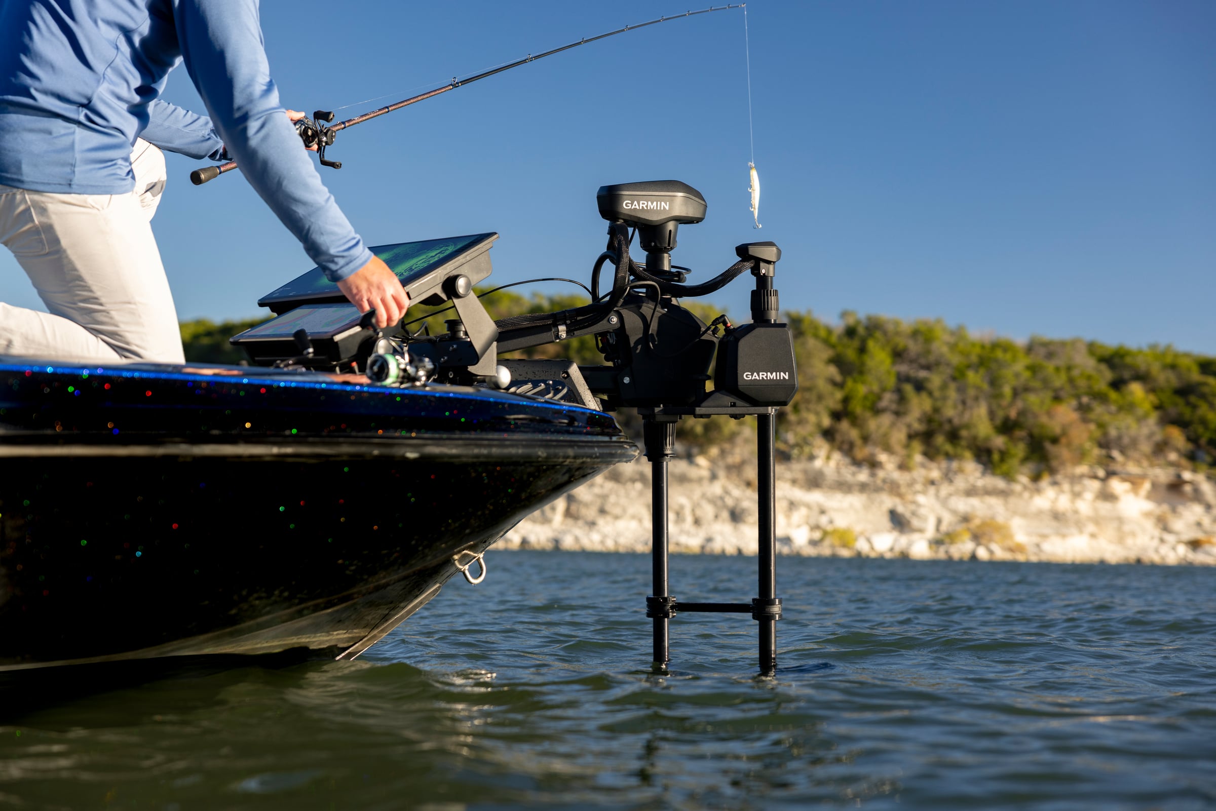 Garmin LiveScope equipment installed at the bow of a fishing boat